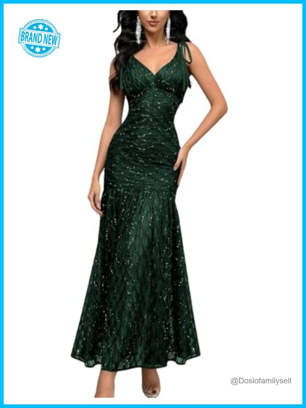 V Neck Sequin Bodycon Formal Gown Mermaid Prom Wedding Guest Dress Maxi